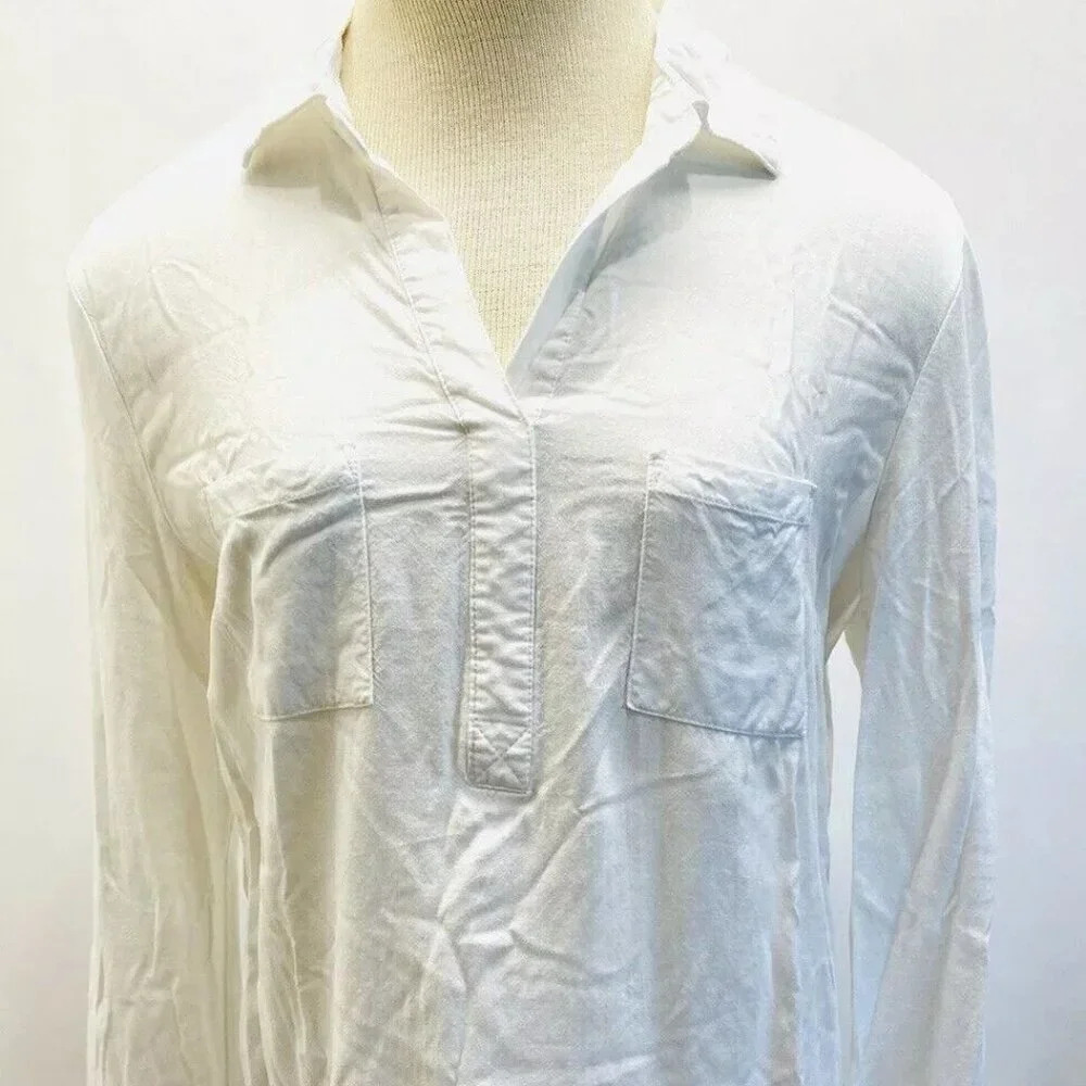 MERONA Women Long Sleeve Pullover Collared V-Neck White Casual Shirt Sz Medium